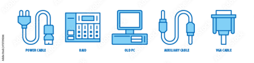 VGA Cable, Auxiliary Cable, Old PC, Raid, Power Cable editable stroke outline icons set isolated on white background flat vector illustration. VGA Cable, Auxiliary Cable, Old PC, Raid, Power Cable editable stroke outline icons set isolated on white background flat vector illustration.