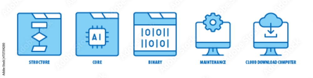 Cloud, Download, Computer, Maintenance, Binary, Core, Structure editable stroke outline icons set isolated on white background flat vector illustration. Cloud, Download, Computer, Maintenance, Binary, Core, Structure editable stroke outline icons set isolated on white background flat vector illustration.