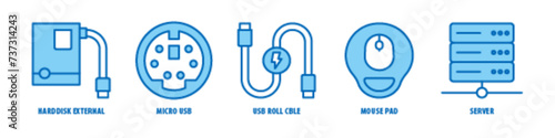 Server, Mouse Pad, USB roll Cable, Micro USB, Harddisk External editable stroke outline icons set isolated on white background flat vector illustration.