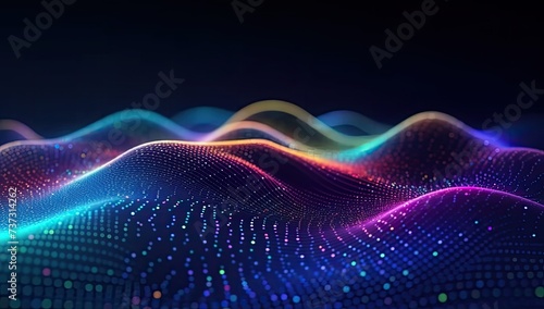 Network big data flow. Blockchain data. AI technology, digital communication, scientific research, music wave concept, abstract visual concept with colorful waves and dots