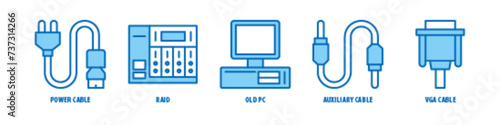 VGA Cable, Auxiliary Cable, Old PC, Raid, Power Cable editable stroke outline icons set isolated on white background flat vector illustration.