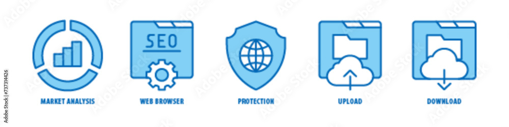 Download, Upload, Protection, Web Browser, Market Analysis editable stroke outline icons set isolated on white background flat vector illustration. Download, Upload, Protection, Web Browser, Market Analysis editable stroke outline icons set isolated on white background flat vector illustration.