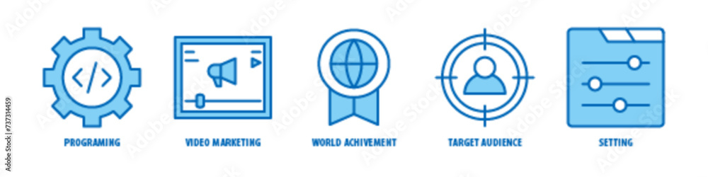 Setting, Target Audience, World Achievement, Video Marketing, Programming editable stroke outline icons set isolated on white background flat vector illustration. Setting, Target Audience, World Achievement, Video Marketing, Programming editable stroke outline icons set isolated on white background flat vector illustration.