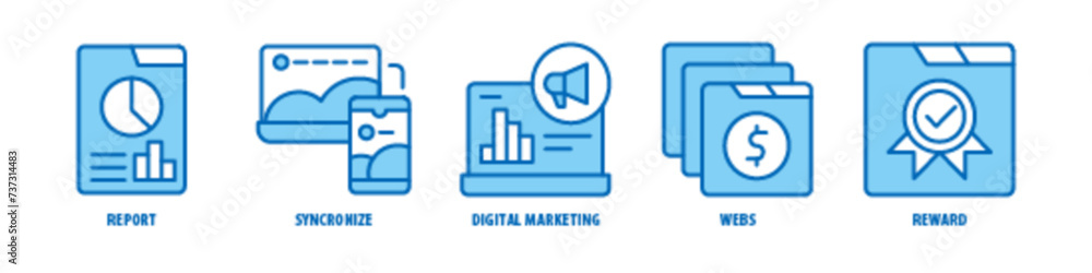 Reward, Webs, Digital Marketing, Synchronize, Report editable stroke outline icons set isolated on white background flat vector illustration. Reward, Webs, Digital Marketing, Synchronize, Report editable stroke outline icons set isolated on white background flat vector illustration.