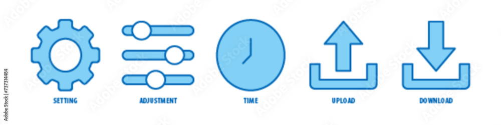 Download, Upload, Time, Adjustment, Setting editable stroke outline icons set isolated on white background flat vector illustration. Download, Upload, Time, Adjustment, Setting editable stroke outline icons set isolated on white background flat vector illustration.