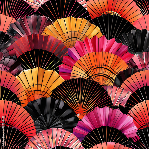 Seamless tile of colorful hand fans overlapped
