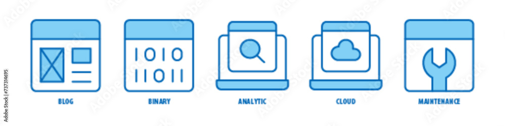 Maintenance, Cloud, Analytic, Binary, Blog editable stroke outline icons set isolated on white background flat vector illustration. Maintenance, Cloud, Analytic, Binary, Blog editable stroke outline icons set isolated on white background flat vector illustration.