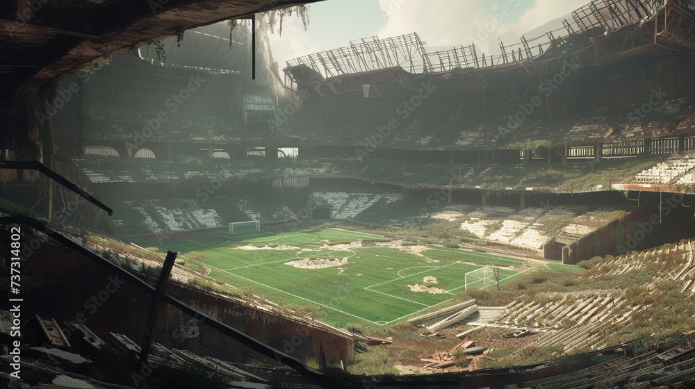 A 3D render of a run down soccer stadium in a post apocalyptic setting