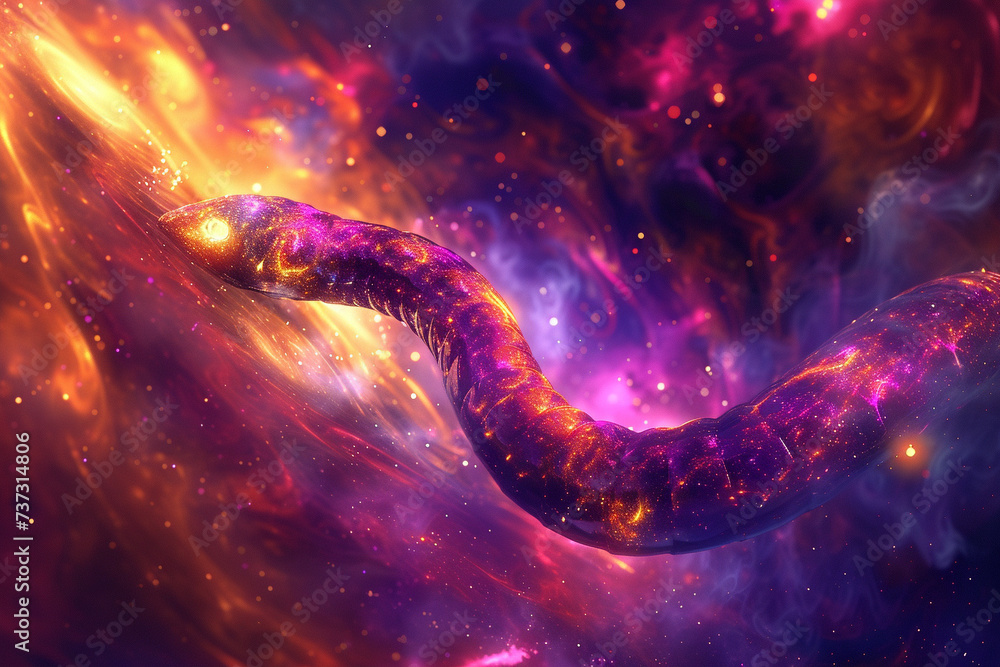 A 3D render of a worm crawling through the bold colors and dazzling lights of a distant galaxy