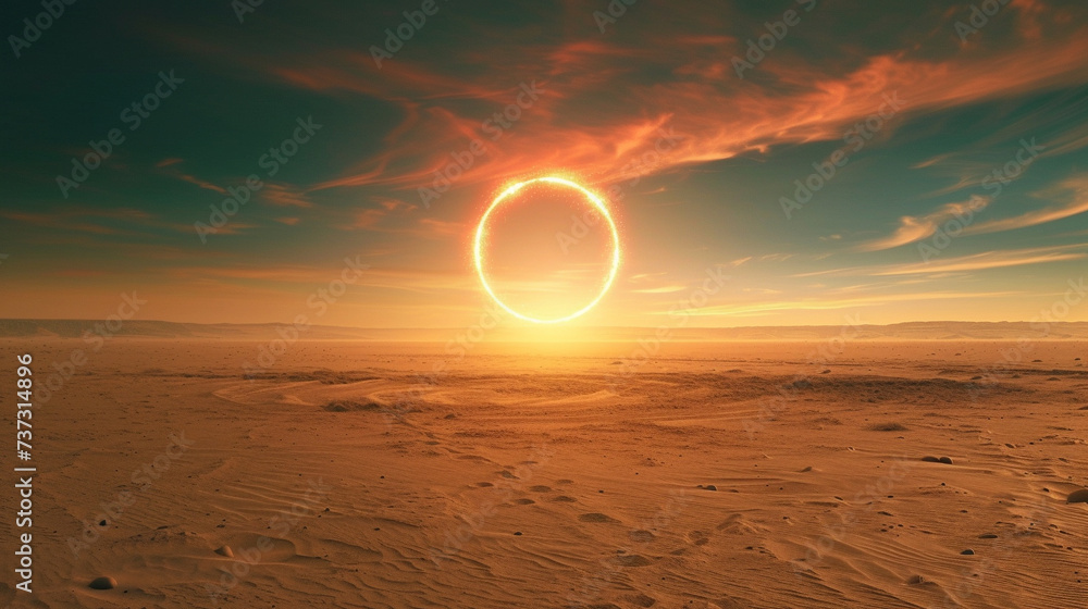 A bezel of light appearing as a portal in the monotonous stretches of a desolate futuristic desert - obrazy, fototapety, plakaty 