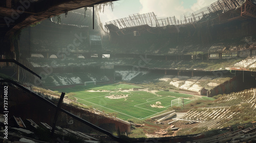 A 3D render of a run down soccer stadium in a post apocalyptic setting