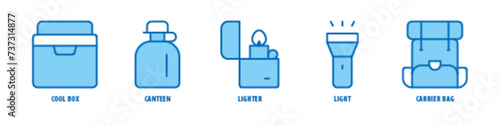 Carrier Bag, Light, Lighter, Canteen, Cool Box editable stroke outline icons set isolated on white background flat vector illustration.