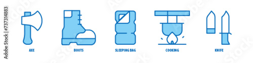 Knife, Cooking, Sleeping Bag, Boots, Axe editable stroke outline icons set isolated on white background flat vector illustration.