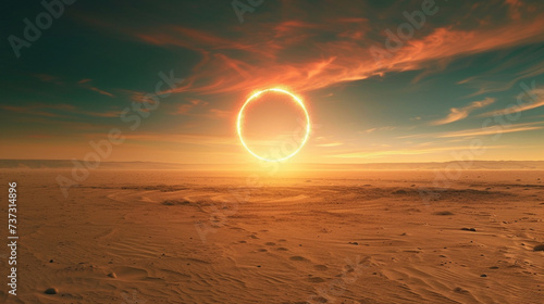 A bezel of light appearing as a portal in the monotonous stretches of a desolate futuristic desert photo
