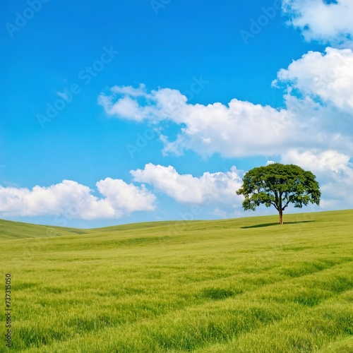 landscape of green grass field with tree and blue sky with white clouds