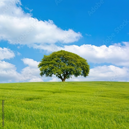 landscape of green grass field with tree and blue sky with white clouds