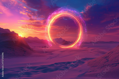 A castaway portal glowing vibrantly against the backdrop of a desolate sand swept futuristic desert