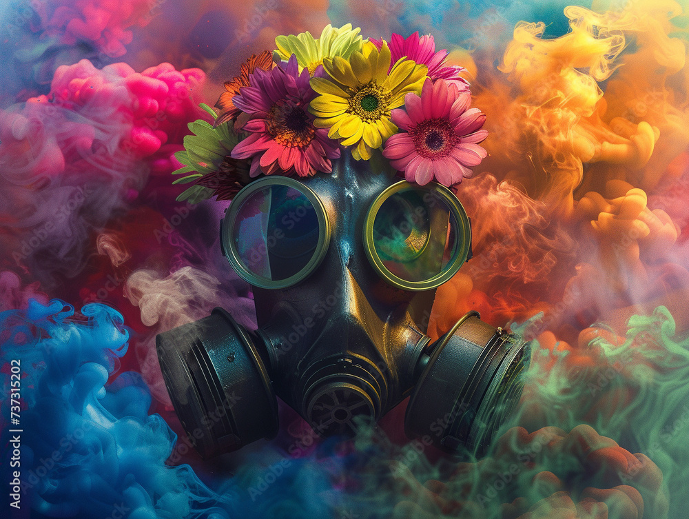 A conceptual art illustrating a gas mask adorned with vibrant flowers amidst a background of multicolored smoke