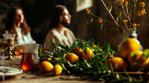 Celebrating the Jewish holiday of Sukkot Jews are sitting at the table photo