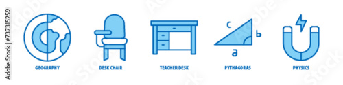 Physics, Pythagoras, Teacher Desk, Desk Chair, Geography editable stroke outline icons set isolated on white background flat vector illustration.