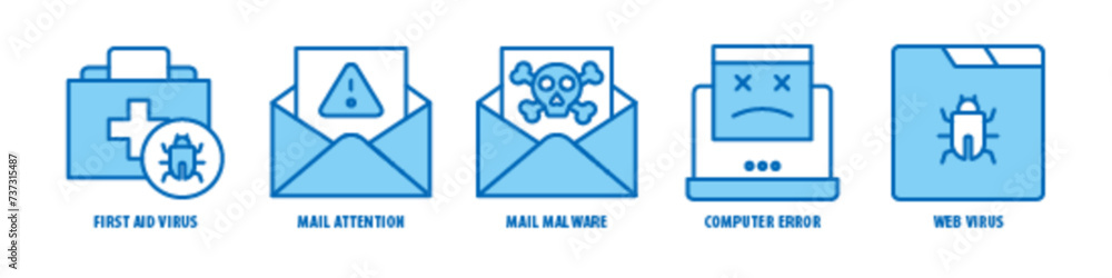 Web Virus, Computer error, Mail Malware, Mail Attention, First Aid Virus editable stroke outline icons set isolated on white background flat vector illustration. Web Virus, Computer error, Mail Malware, Mail Attention, First Aid Virus editable stroke outline icons set isolated on white background flat vector illustration.