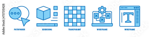 Wireframe, Transparant, Rendering, Pathfinder editable stroke outline icons set isolated on white background flat vector illustration.