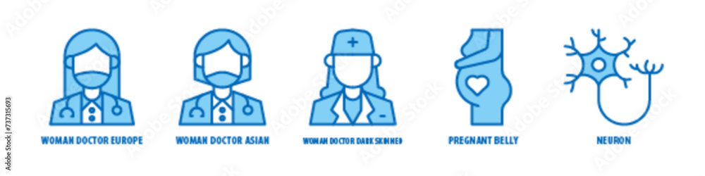 Neuron, Pregnant Belly, Woman Doctor Dark Skinned, Woman Doctor Asian, Woman Doctor Europe editable stroke outline icons set isolated on white background flat vector illustration. Neuron, Pregnant Belly, Woman Doctor Dark Skinned, Woman Doctor Asian, Woman Doctor Europe editable stroke outline icons set isolated on white background flat vector illustration.