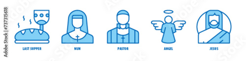Jesus, Angel, Pastor, Nun, Last Supper editable stroke outline icons set isolated on white background flat vector illustration.