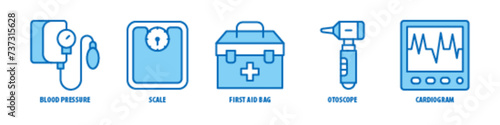 Cardiogram, Otoscope, First Aid Bag, Scale, Blood Pressure editable stroke outline icons set isolated on white background flat vector illustration.