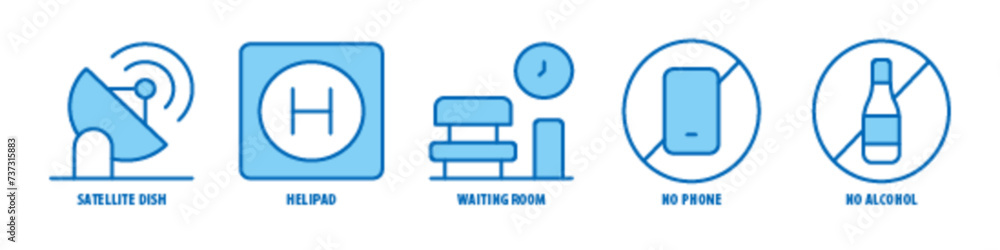 No alcohol, No Phone, Waiting room, Helipad, Satellite dish editable stroke outline icons set isolated on white background flat vector illustration. No alcohol, No Phone, Waiting room, Helipad, Satellite dish editable stroke outline icons set isolated on white background flat vector illustration.