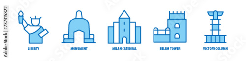 Victory Column, Belem Tower, Milan Cathedral, Monument, Liberty editable stroke outline icons set isolated on white background flat vector illustration.