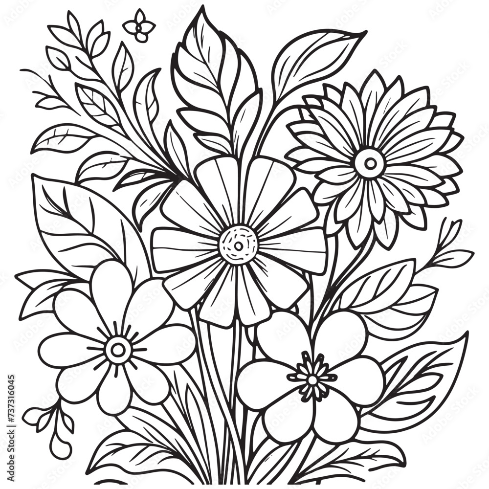 Fototapeta premium Luxury floral outline drawing coloring book pages line art sketch 