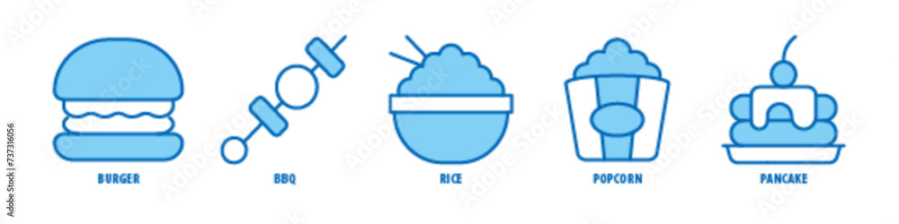 Obraz premium Pancake, Popcorn, Rice, BBQ, Burger editable stroke outline icons set isolated on white background flat vector illustration.