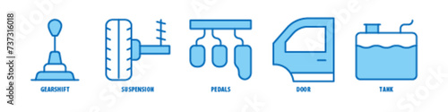 Tank, Door, Pedals, Suspension, Gearshift editable stroke outline icons set isolated on white background flat vector illustration.