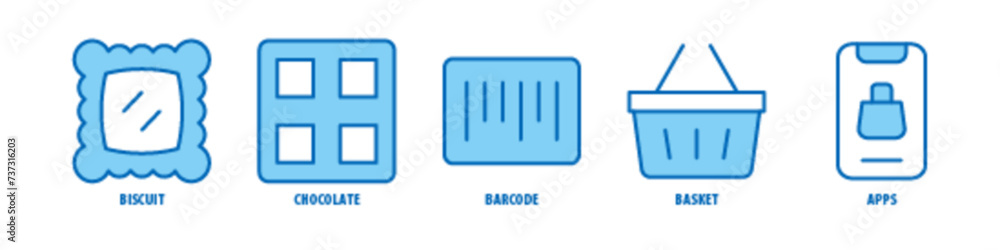 Apps, Basket, Barcode, Chocolate, Biscuit editable stroke outline icons set isolated on white background flat vector illustration. Apps, Basket, Barcode, Chocolate, Biscuit editable stroke outline icons set isolated on white background flat vector illustration.