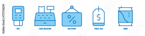 Soda, Price tag, Discount, Cash machine, EDC editable stroke outline icons set isolated on white background flat vector illustration.
