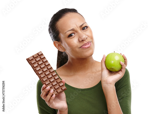 Chocolate, apple and portrait of woman confused for decision on isolated, png and transparent background. Wellness, diet and person with fruit and sweet dessert for balance, choice and lose weight