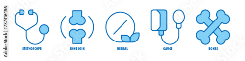 Bones, Gauge, Herbal, Bone Joint, Stethoscope editable stroke outline icons set isolated on white background flat vector illustration.