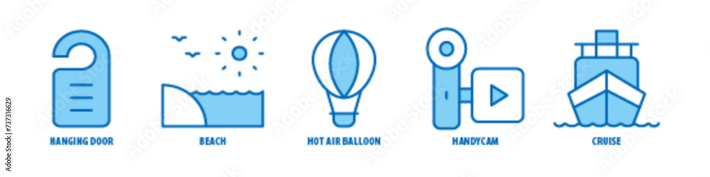 Cruise, Handycam, Hot Air Balloon, Beach, Hanging Door editable stroke outline icons set isolated on white background flat vector illustration. Cruise, Handycam, Hot Air Balloon, Beach, Hanging Door editable stroke outline icons set isolated on white background flat vector illustration.
