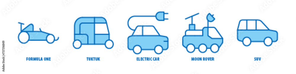 Fototapeta premium SUV, Moon Rover, Electric Car, Tuk-tuk, Formula one editable stroke outline icons set isolated on white background flat vector illustration.