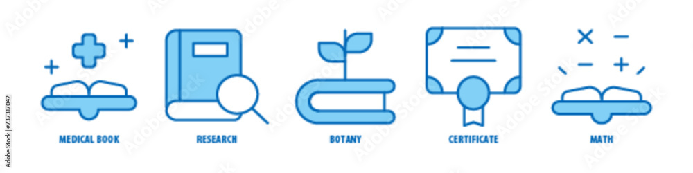 Math, Certificate, Botany, Research, Medical Book editable stroke outline icons set isolated on white background flat vector illustration.