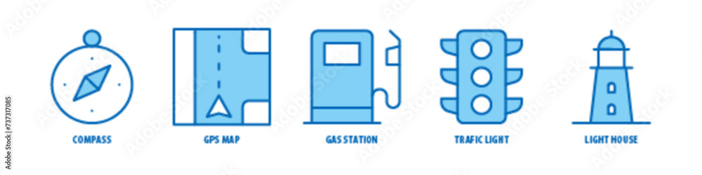 Light House, Traffic Light, Gas Station, GPS Map, Compass editable stroke outline icons set isolated on white background flat vector illustration. Light House, Traffic Light, Gas Station, GPS Map, Compass editable stroke outline icons set isolated on white background flat vector illustration.