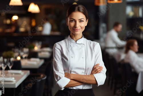 Portrait of a young woman chef in uniform is standing with cheerful smile radiating warmth and hospitality