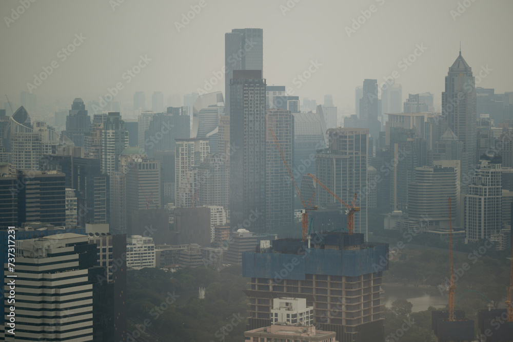 Smog Enveloping the Skyscrapers of Bangkok Cityscape