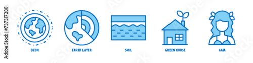 Gaia, Green House, Soil, Earth Layer, Ozone editable stroke outline icons set isolated on white background flat vector illustration.