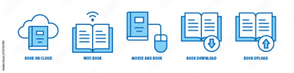 Book Upload, Book Download, Mouse and Book, Wifi Book, Book on Cloud editable stroke outline icons set isolated on white background flat vector illustration. Book Upload, Book Download, Mouse and Book, Wifi Book, Book on Cloud editable stroke outline icons set isolated on white background flat vector illustration.