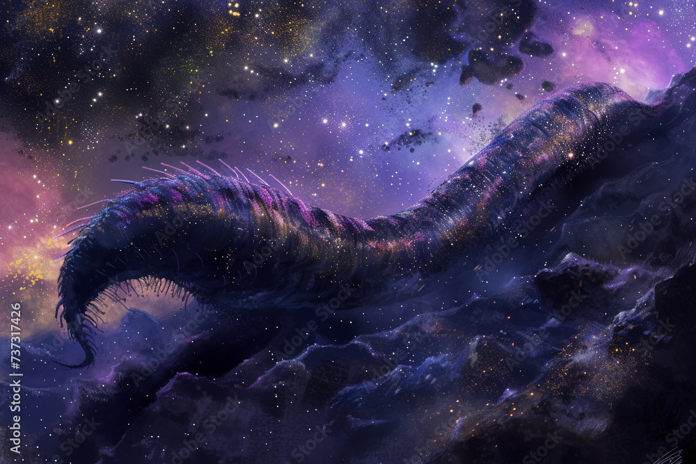 A layer of stardust enveloping a worm traversing the wonders of an alien galaxy A layer of stardust enveloping a worm traversing the wonders of an alien galaxy