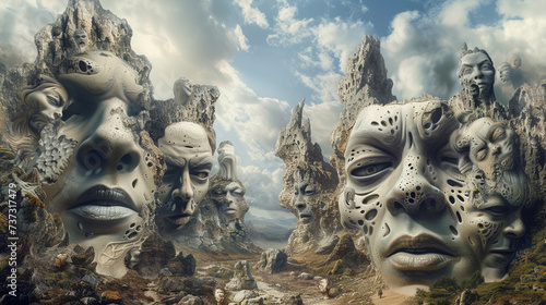 A macabre representation of grotesque faces strategically placed in dream landscape.