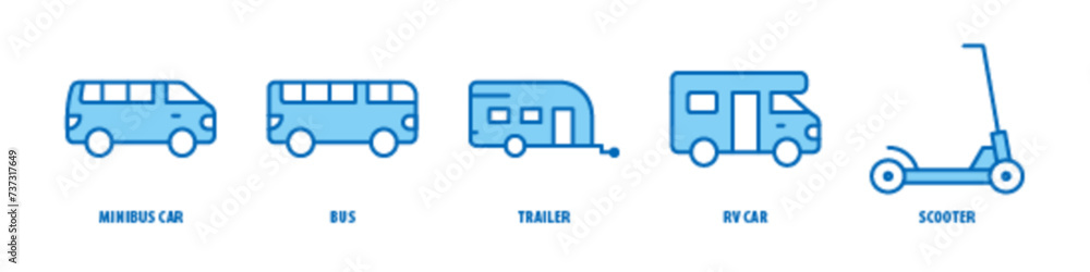 Scooter, RV car, Trailer, Bus, Minibus car editable stroke outline icons set isolated on white background flat vector illustration.