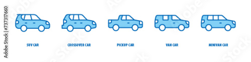 Minivan car, Van car, Pickup car, Crossover car, SUV car editable stroke outline icons set isolated on white background flat vector illustration.
